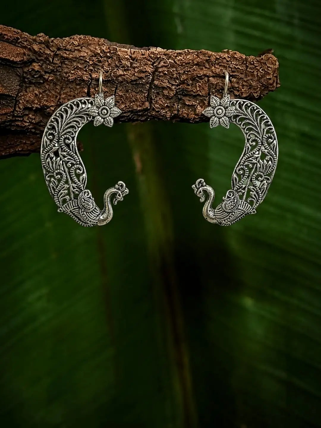 Silver Oxidized  Pair Of Peacock Ear Cuff Earrings