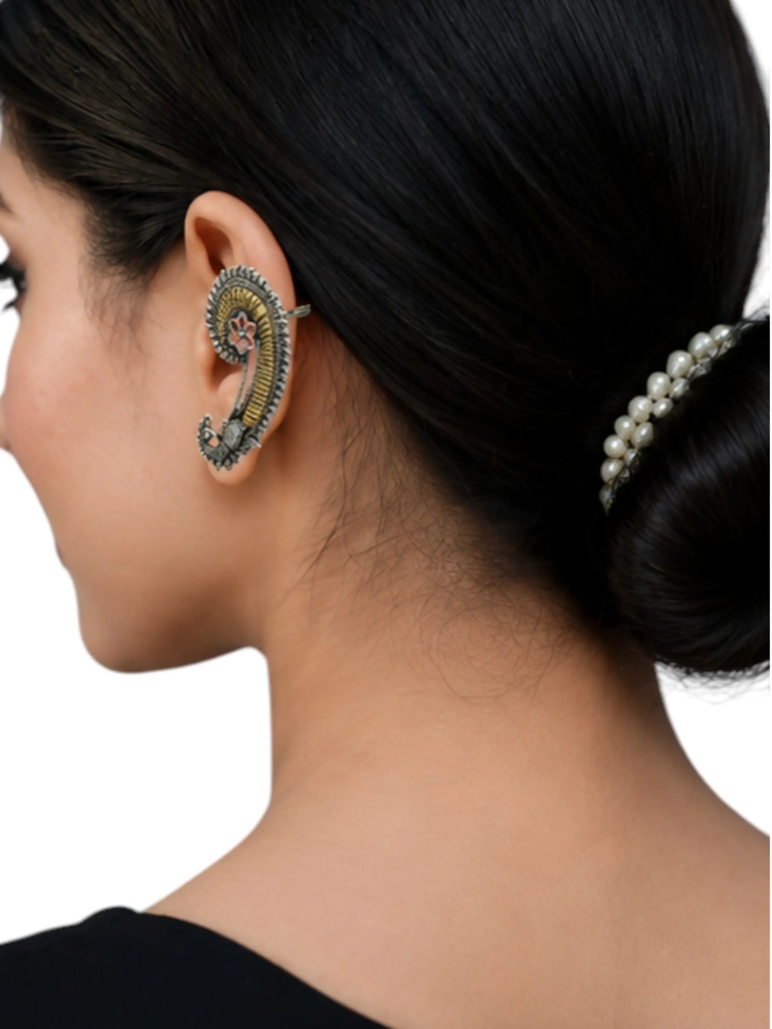 Two Tone Oxidized Pair Of Peacock Ear Cuff Earrings