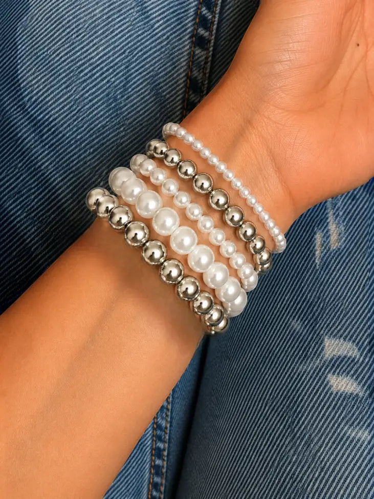 Set of 5 Pearl & Metallic Beaded Stackable Stretchable Bracelets