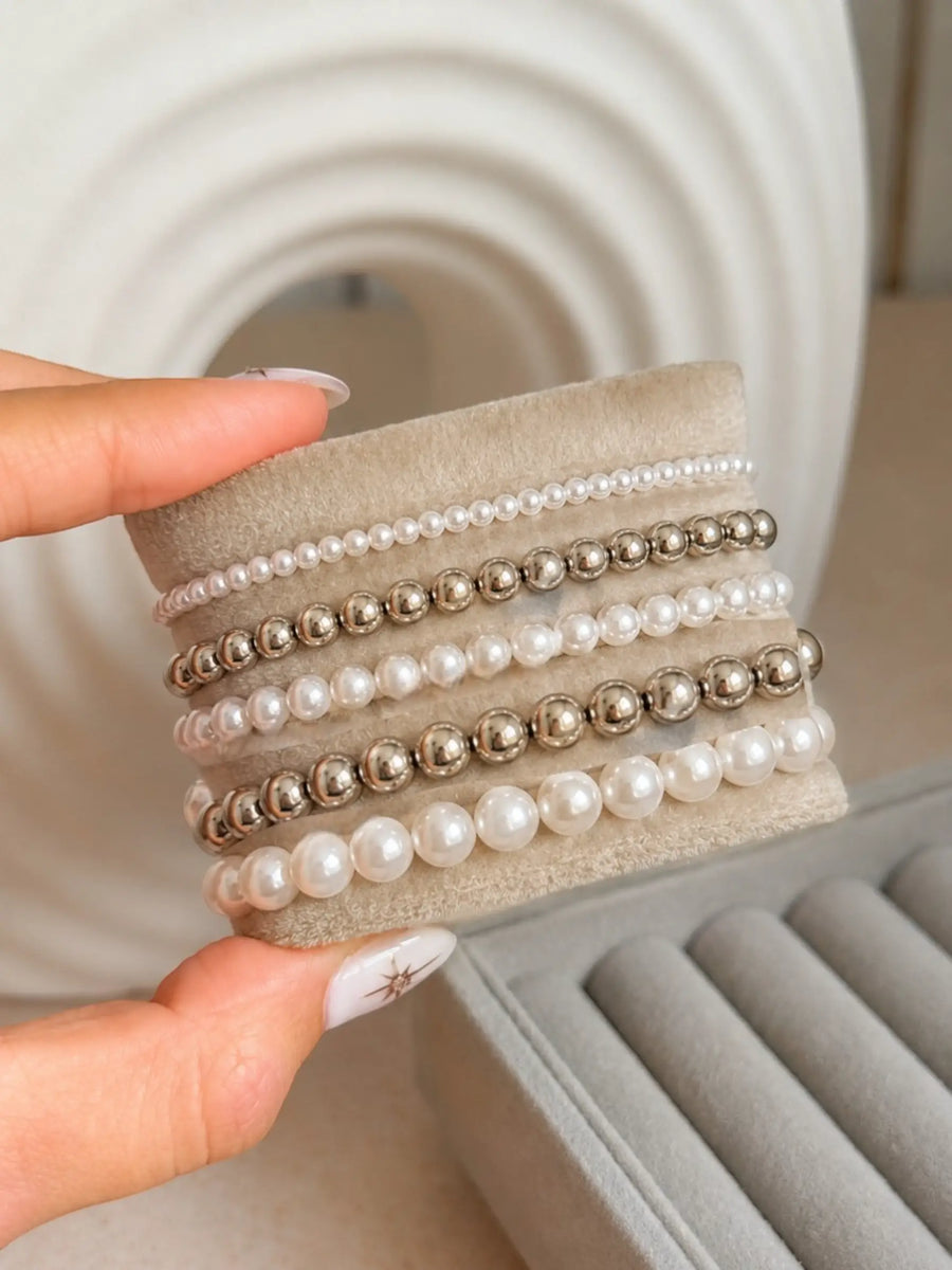 Set of 5 Pearl & Metallic Beaded Stackable Stretchable Bracelets