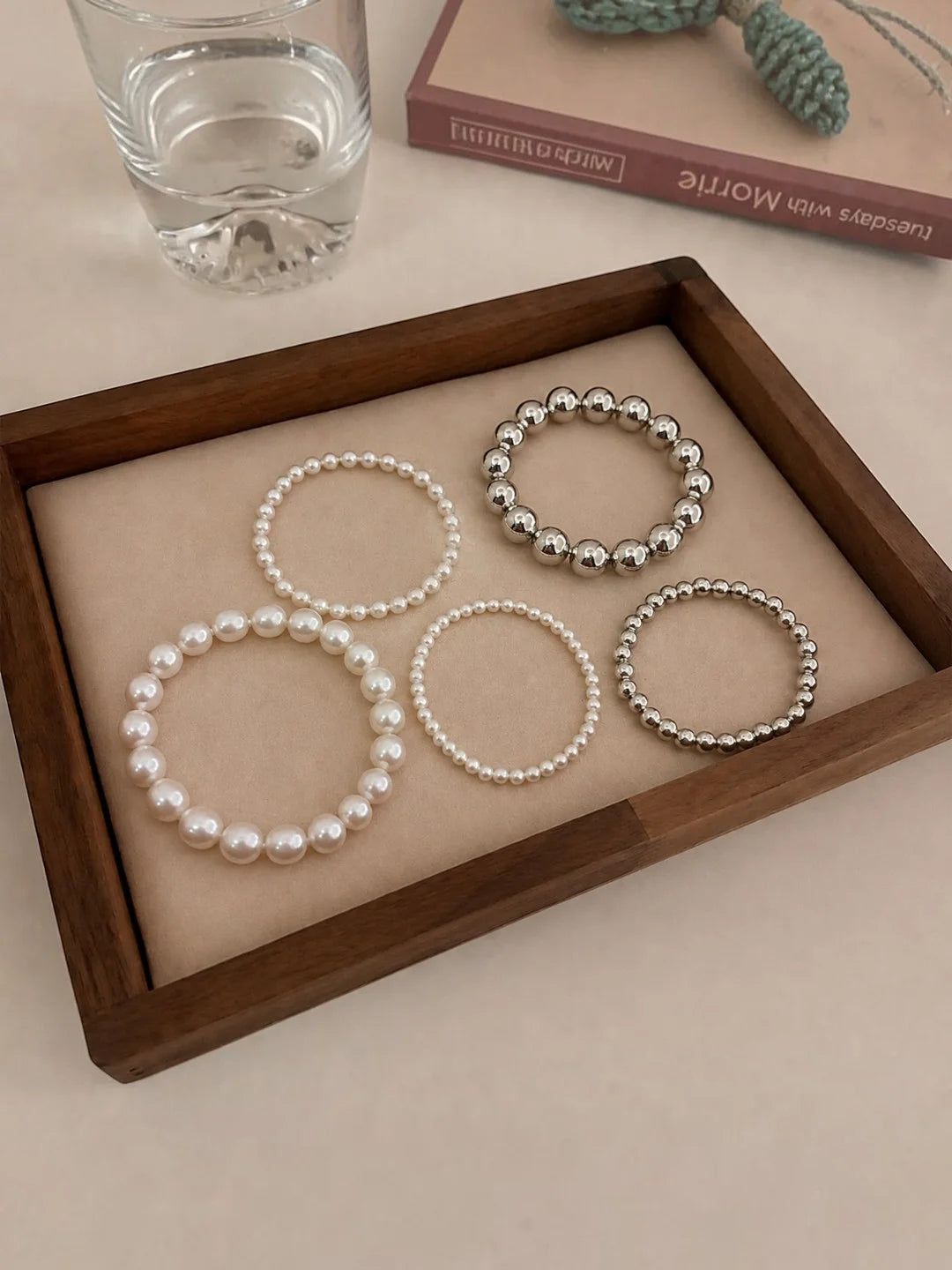 Set of 5 Pearl & Metallic Beaded Stackable Stretchable Bracelets