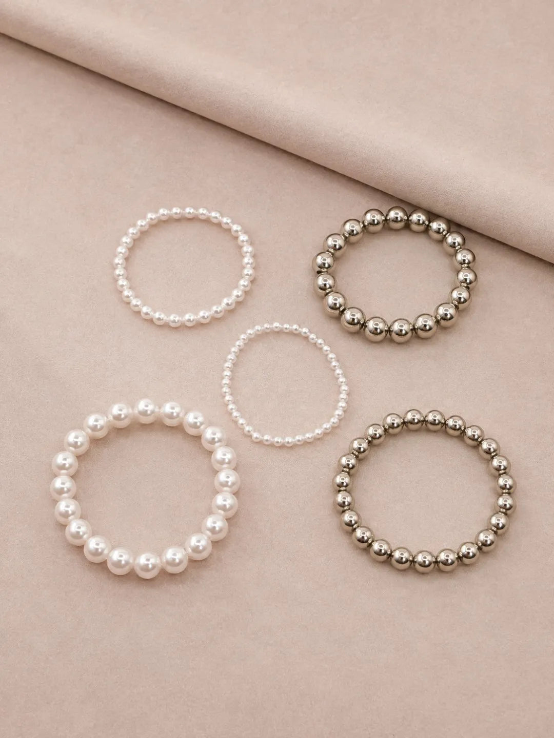 Set of 5 Pearl & Metallic Beaded Stackable Stretchable Bracelets