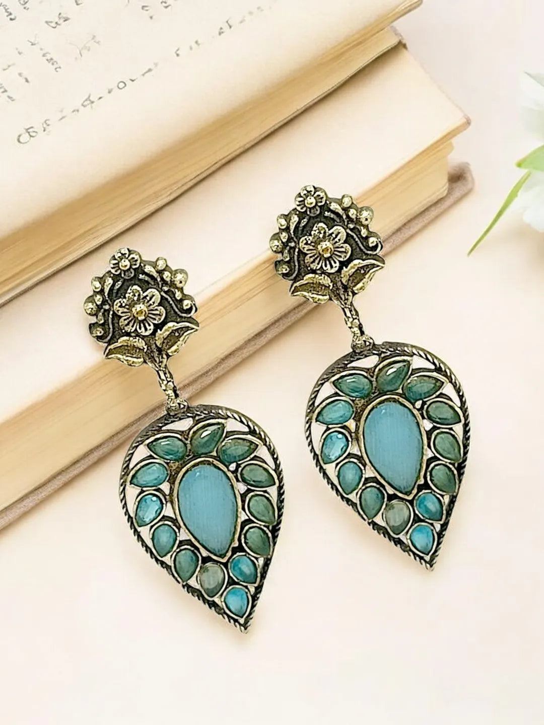 Silver-plated & Blue Contemporary Stone-Studded Drop Earrings