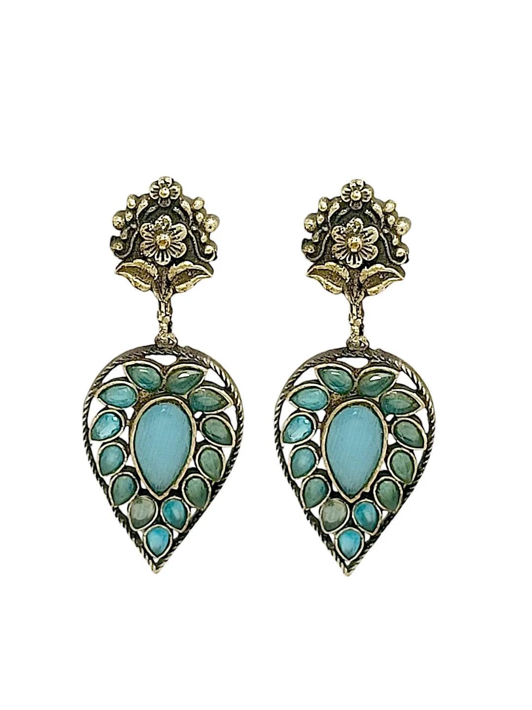 Silver-plated & Blue Contemporary Stone-Studded Drop Earrings