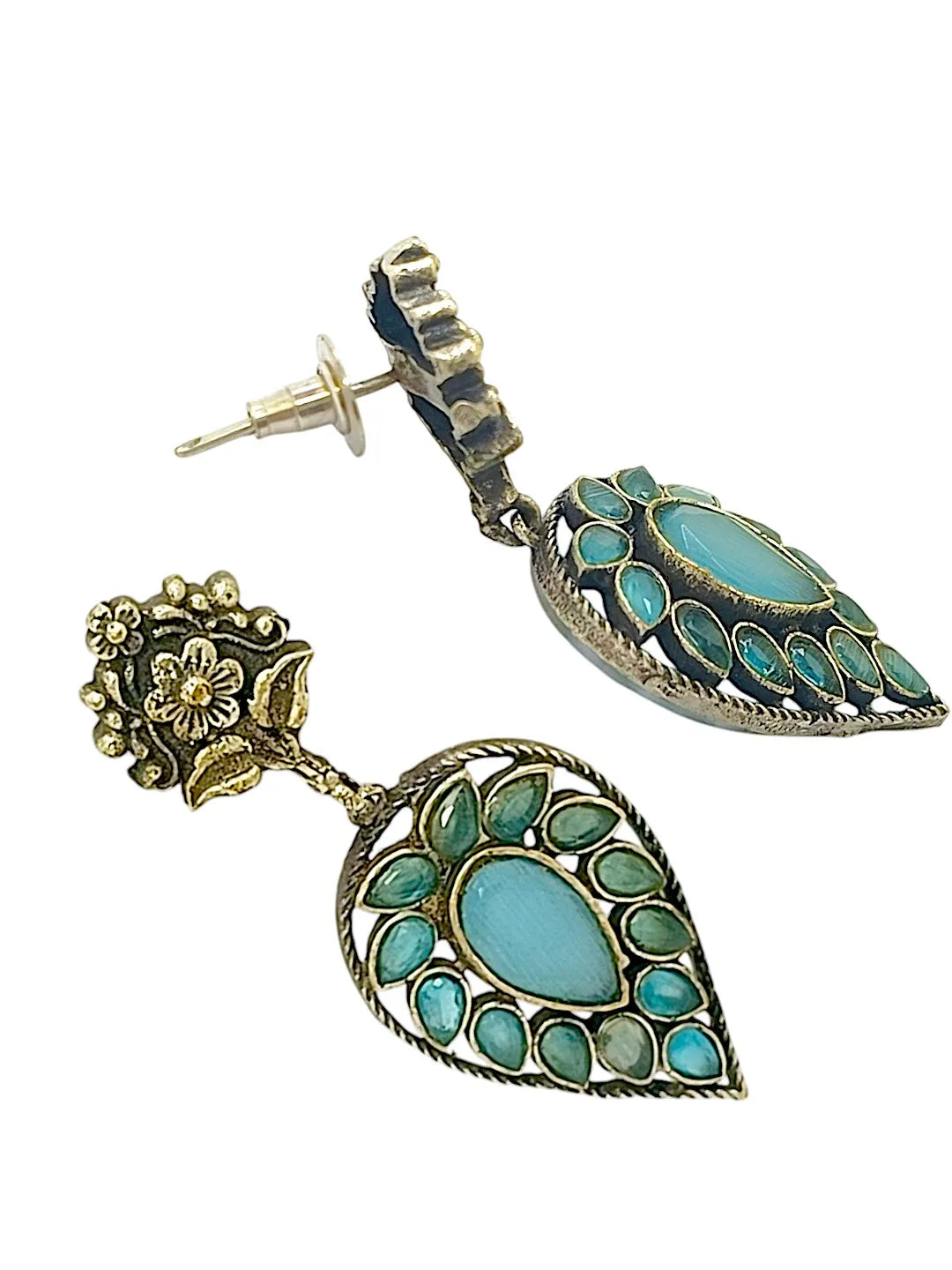 Silver-plated & Blue Contemporary Stone-Studded Drop Earrings