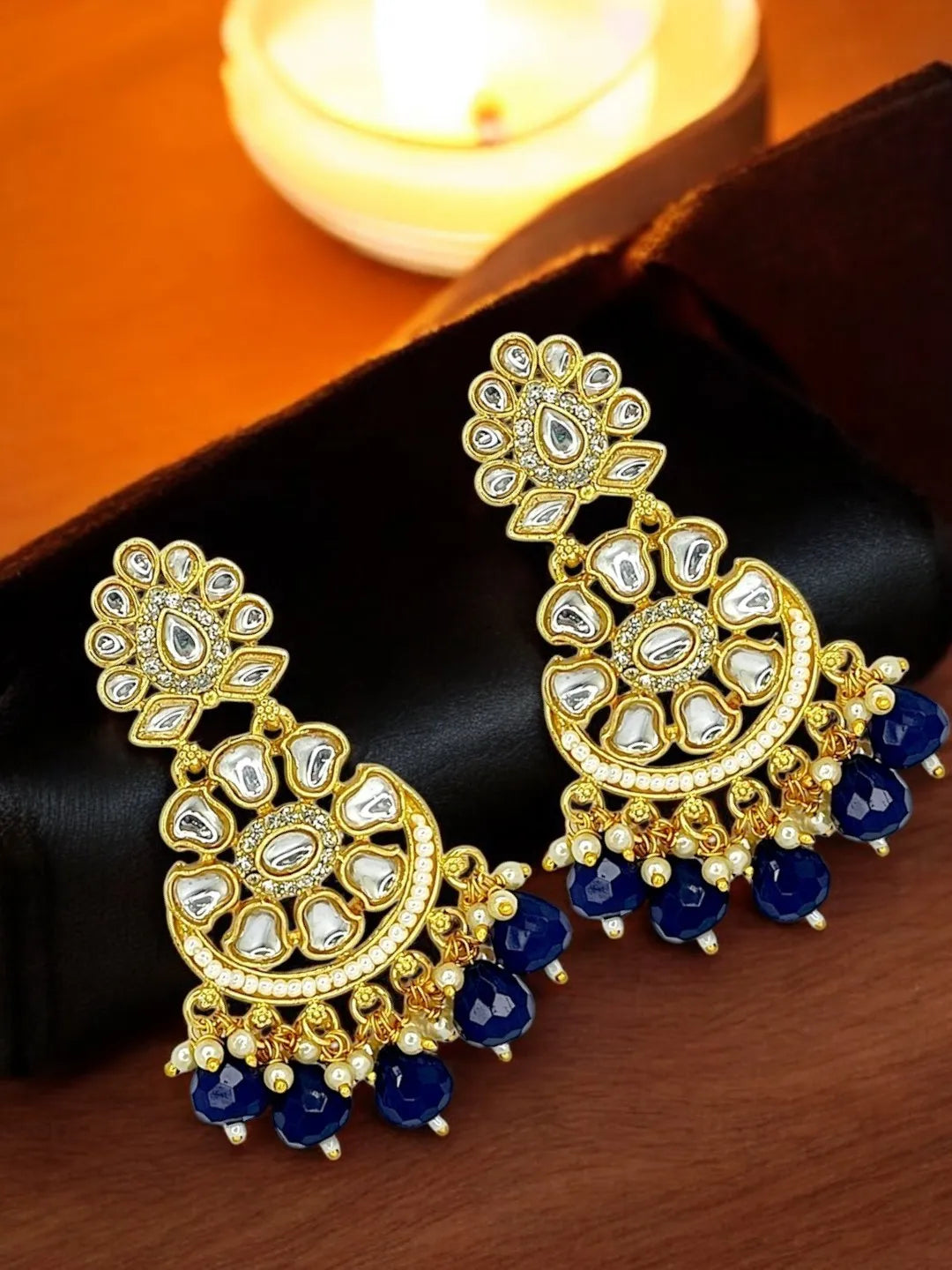 Gold Plated Kundan Studded & Beaded Chandbali Earrings
