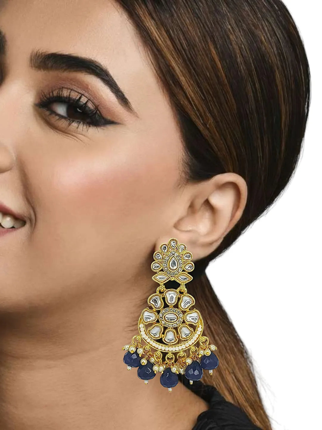 Gold Plated Kundan Studded & Beaded Chandbali Earrings