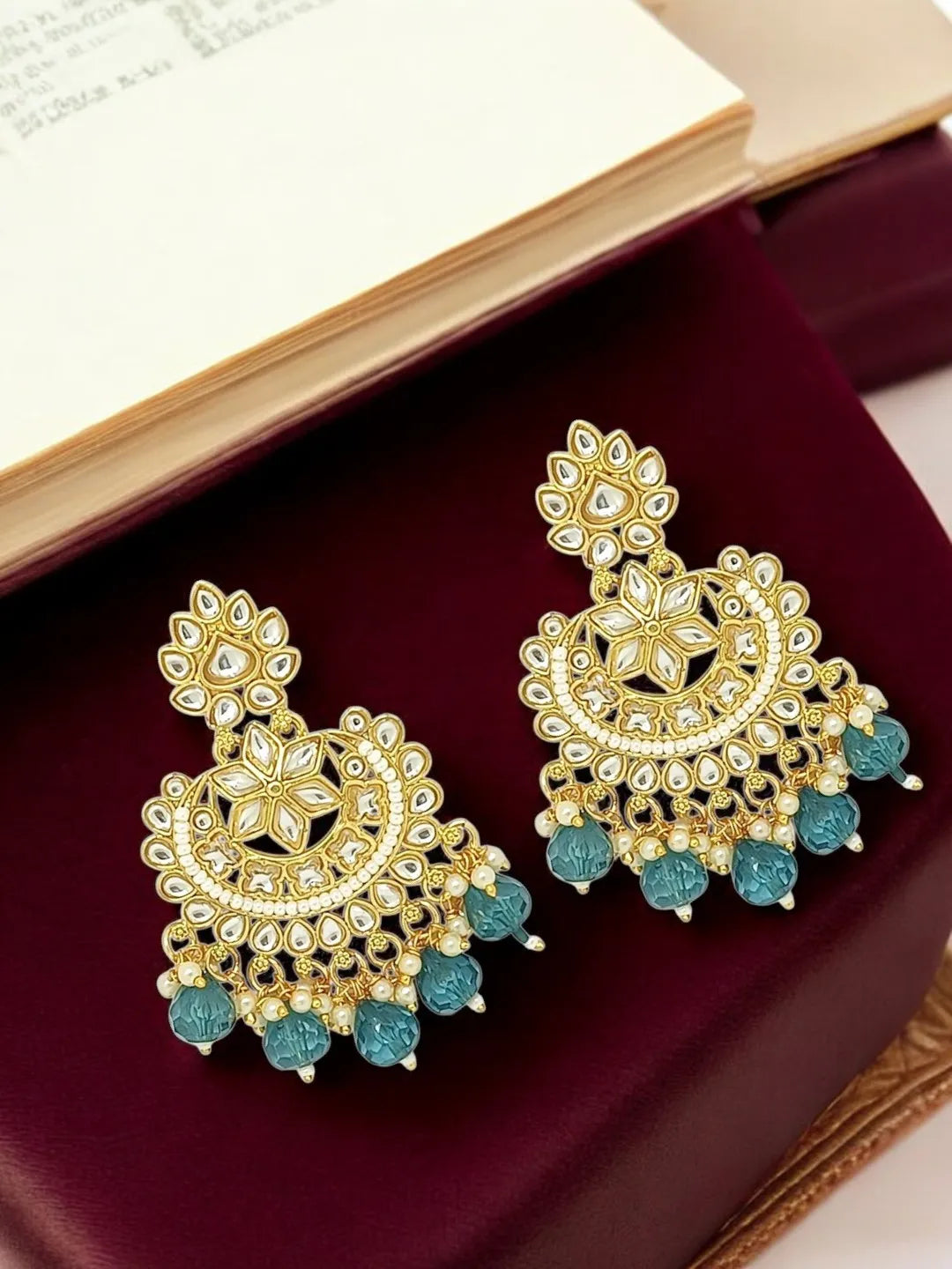 Gold Plated Kundan and Blue Beads Stud Chandbali