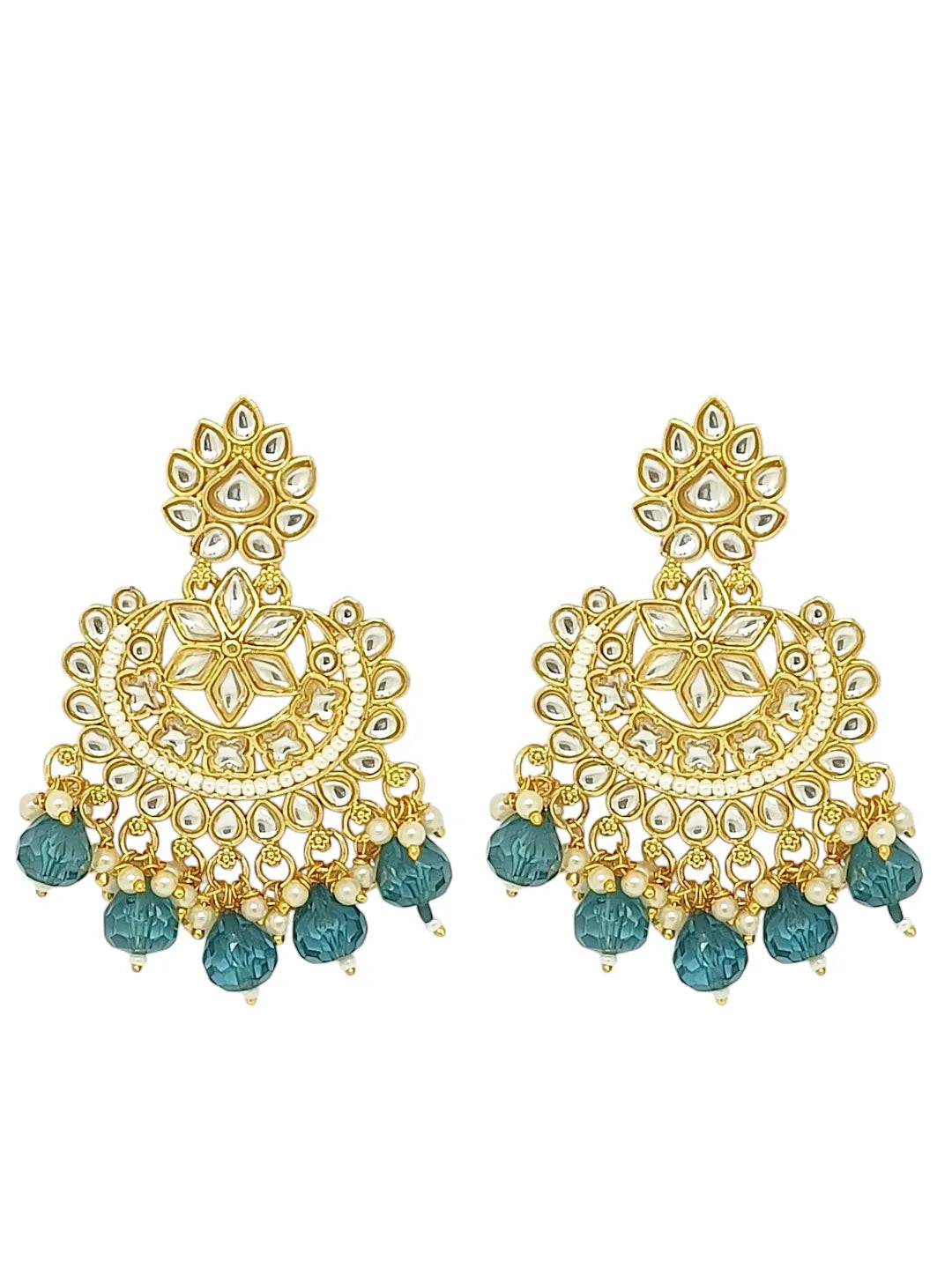 Gold Plated Kundan and Blue Beads Stud Chandbali