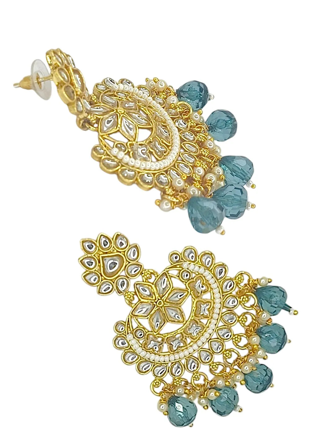 Gold Plated Kundan and Blue Beads Stud Chandbali