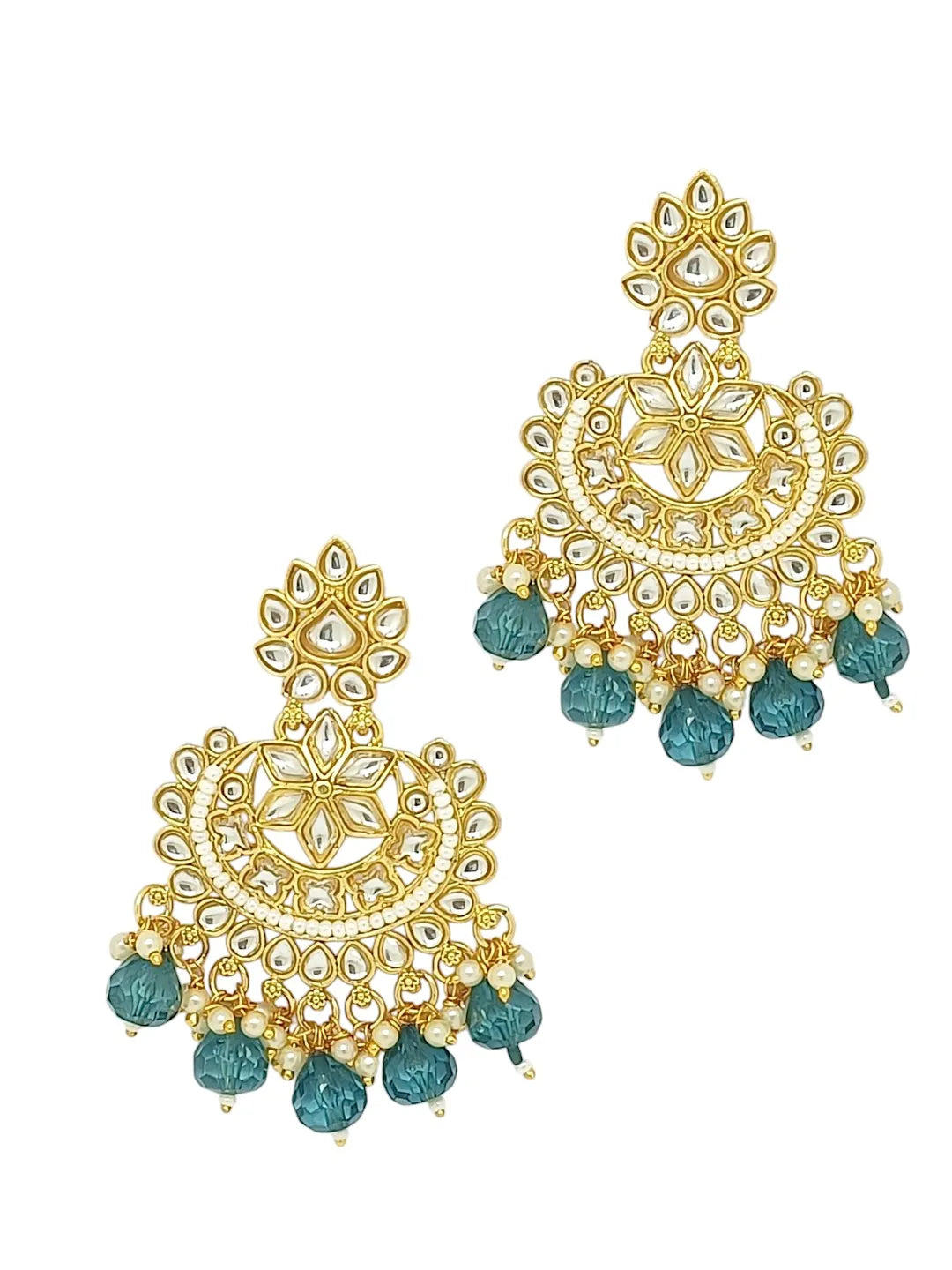 Gold Plated Kundan and Blue Beads Stud Chandbali
