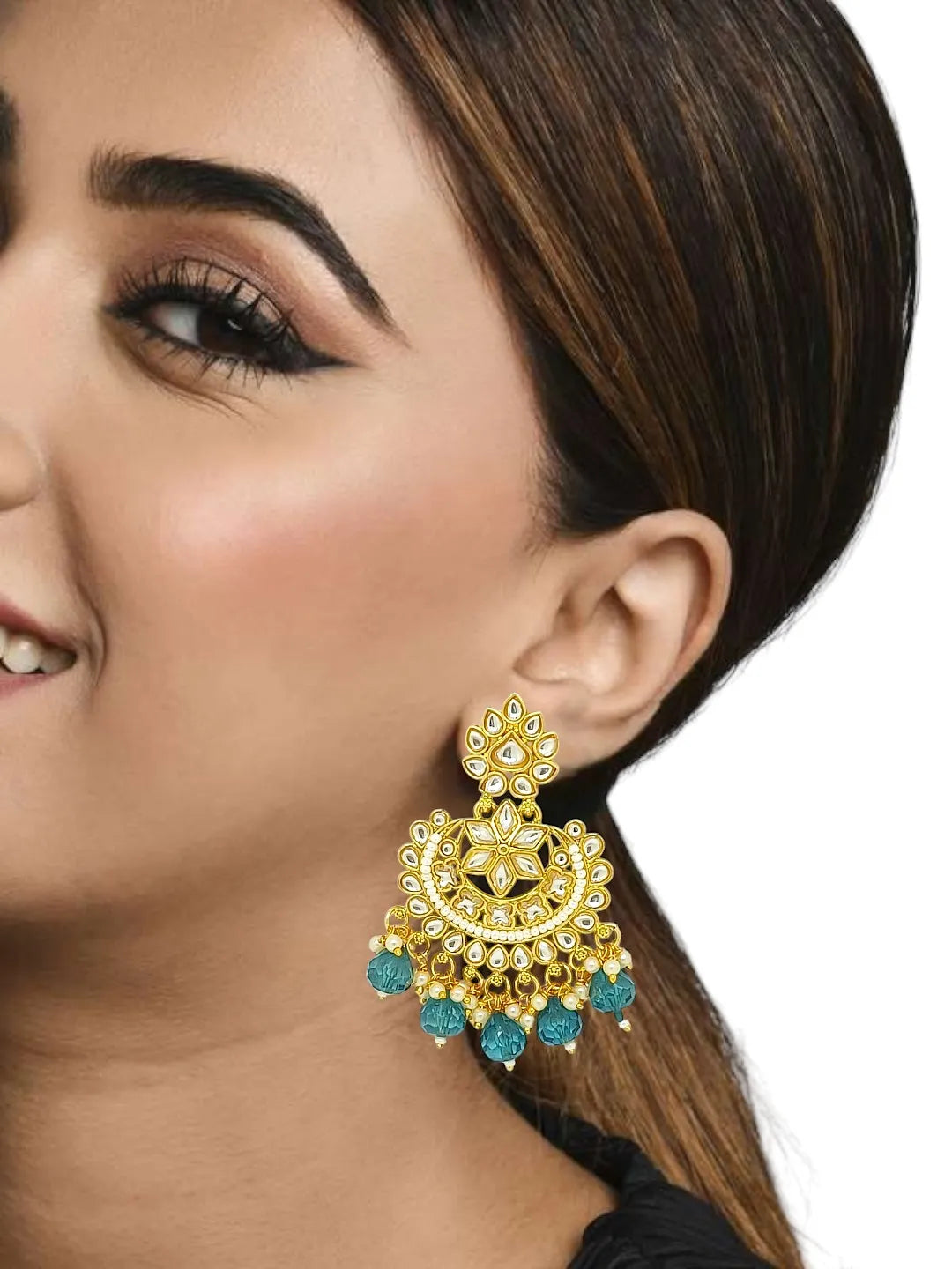 Gold Plated Kundan and Blue Beads Stud Chandbali