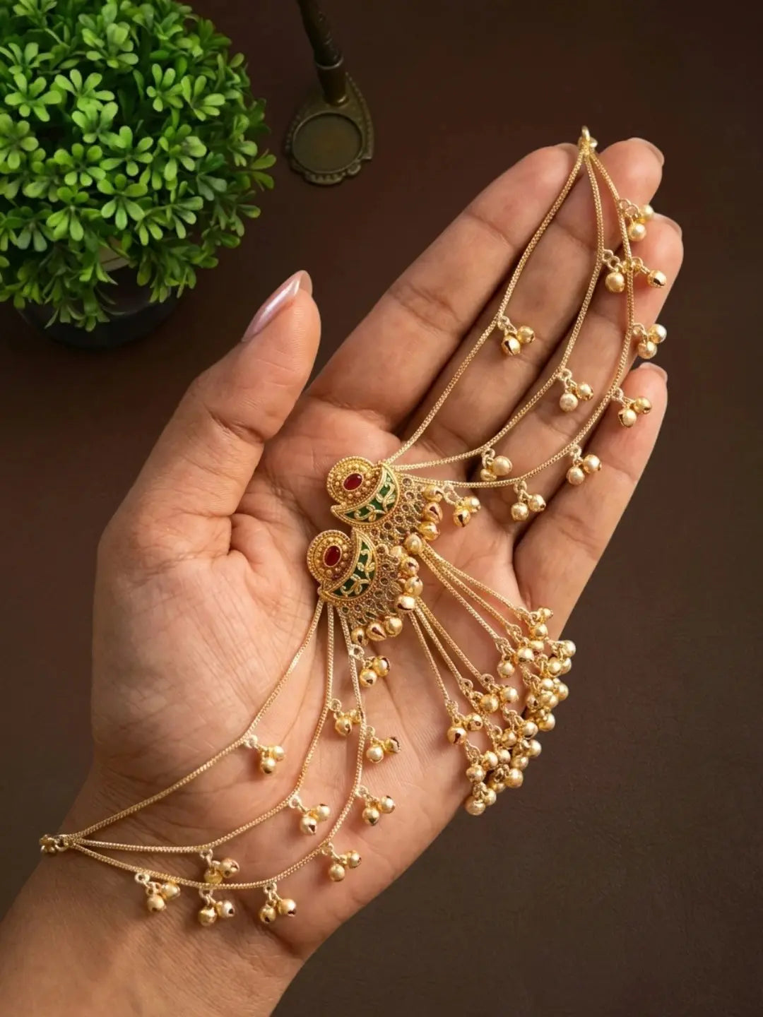 Matte Gold Plated Kashmiri Ear Chain Earrings