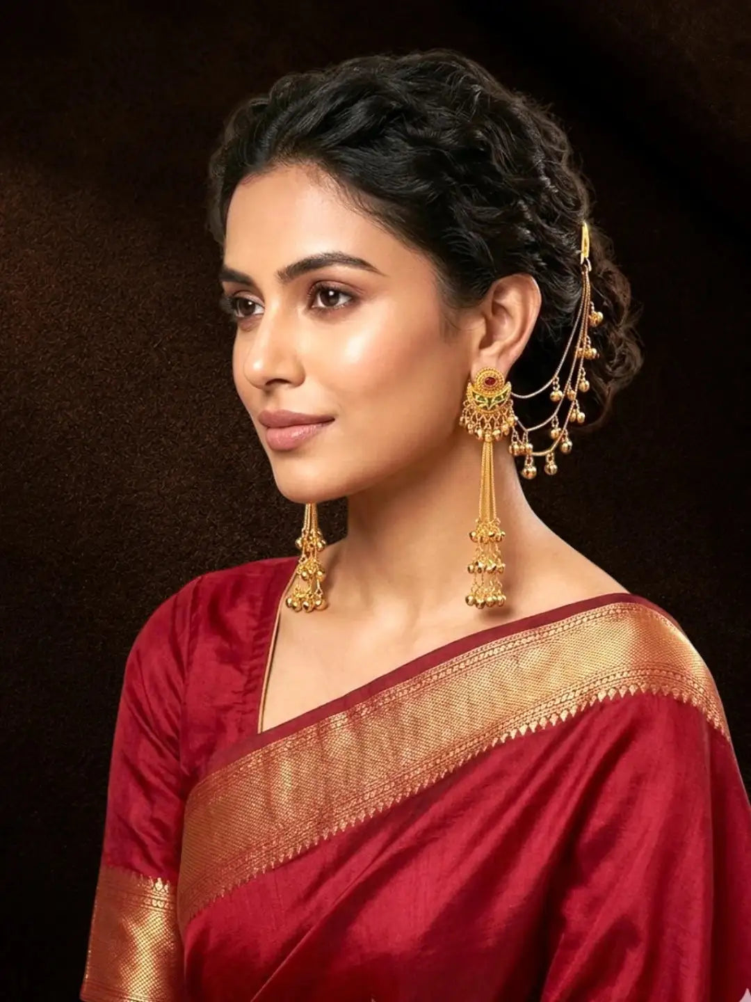 Matte Gold Plated Kashmiri Ear Chain Earrings