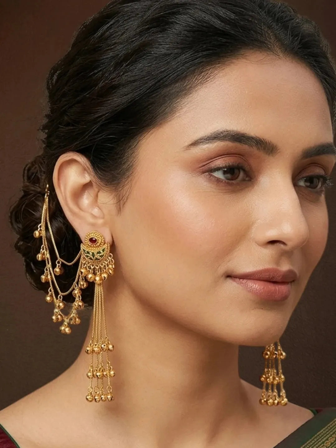 Matte Gold Plated Kashmiri Ear Chain Earrings