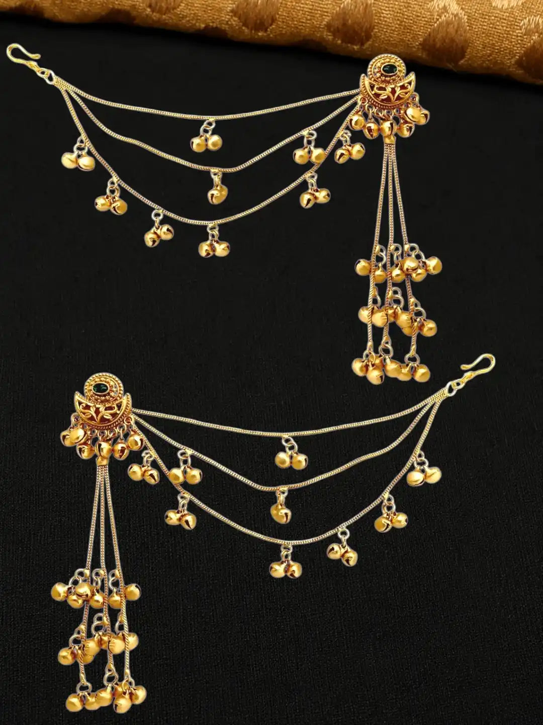 Matte Gold Plated Heritage Kashmiri Ear Chain Earrings