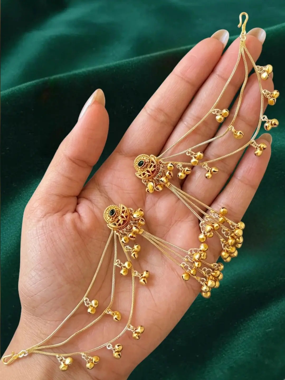Matte Gold Plated Heritage Kashmiri Ear Chain Earrings