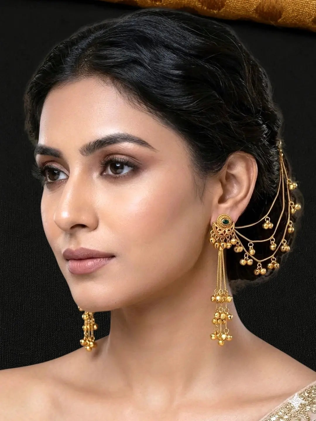 Matte Gold Plated Heritage Kashmiri Ear Chain Earrings