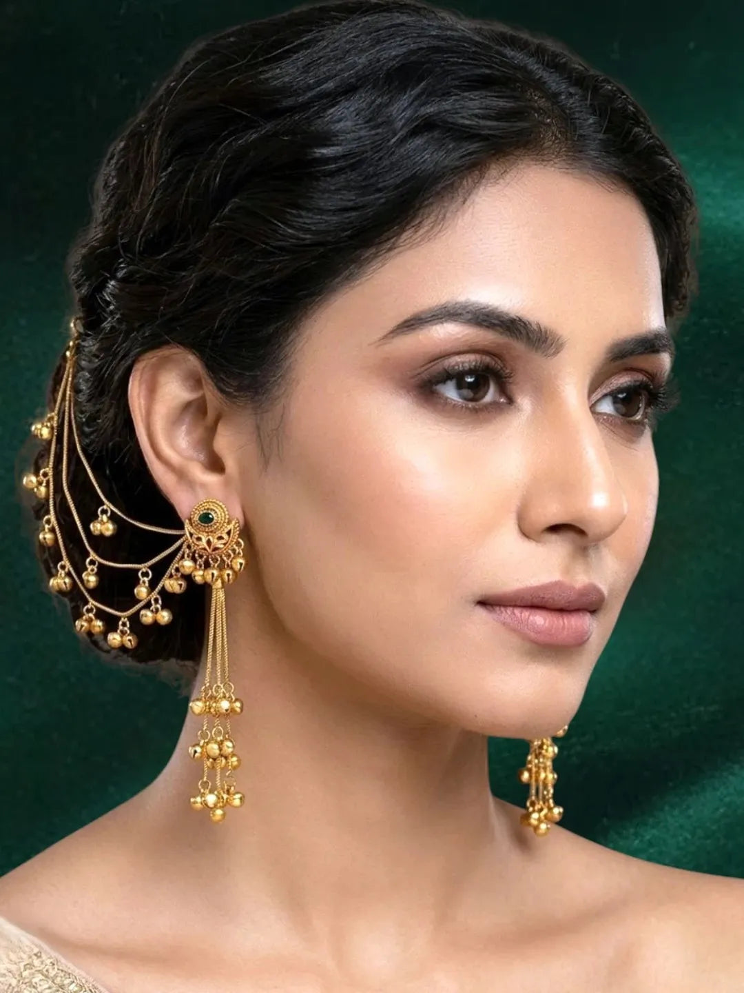 Matte Gold Plated Heritage Kashmiri Ear Chain Earrings
