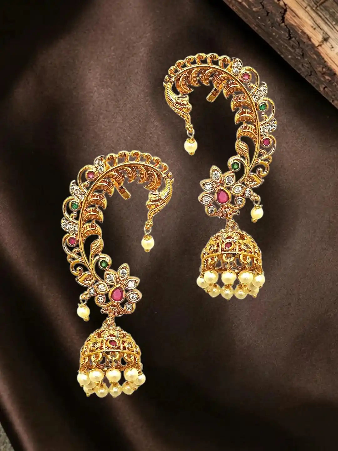CZ Gold Toned Jhumka Ear Cuff Earrings