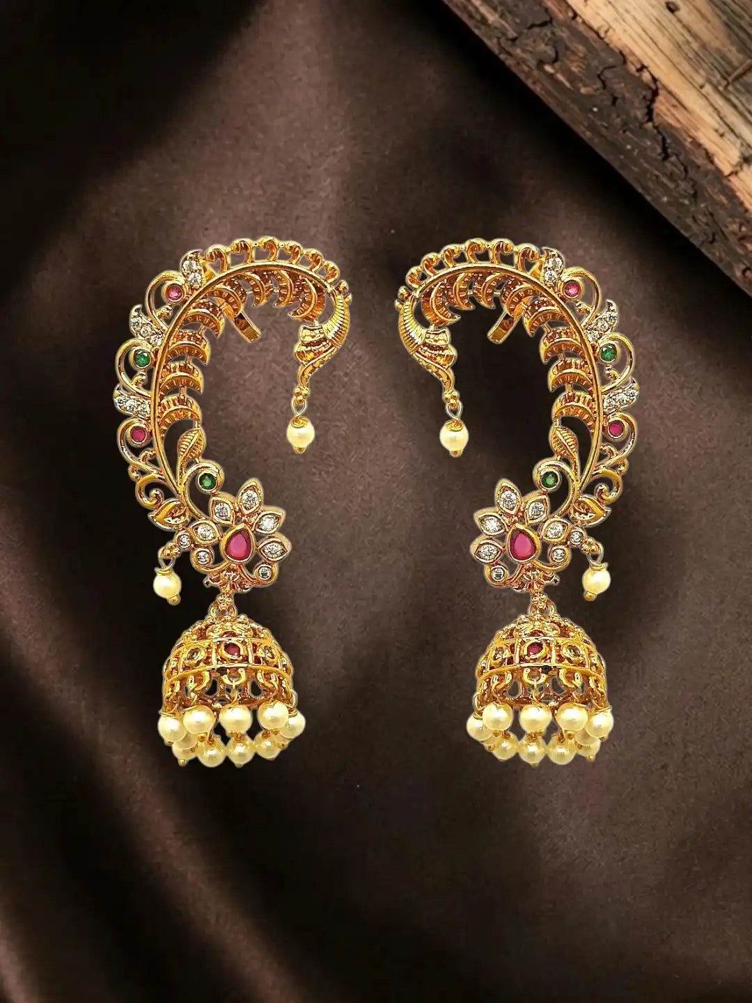 CZ Gold Toned Jhumka Ear Cuff Earrings