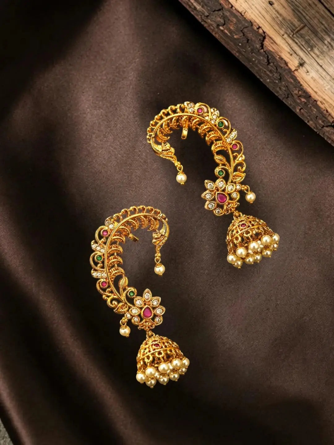 CZ Gold Toned Jhumka Ear Cuff Earrings