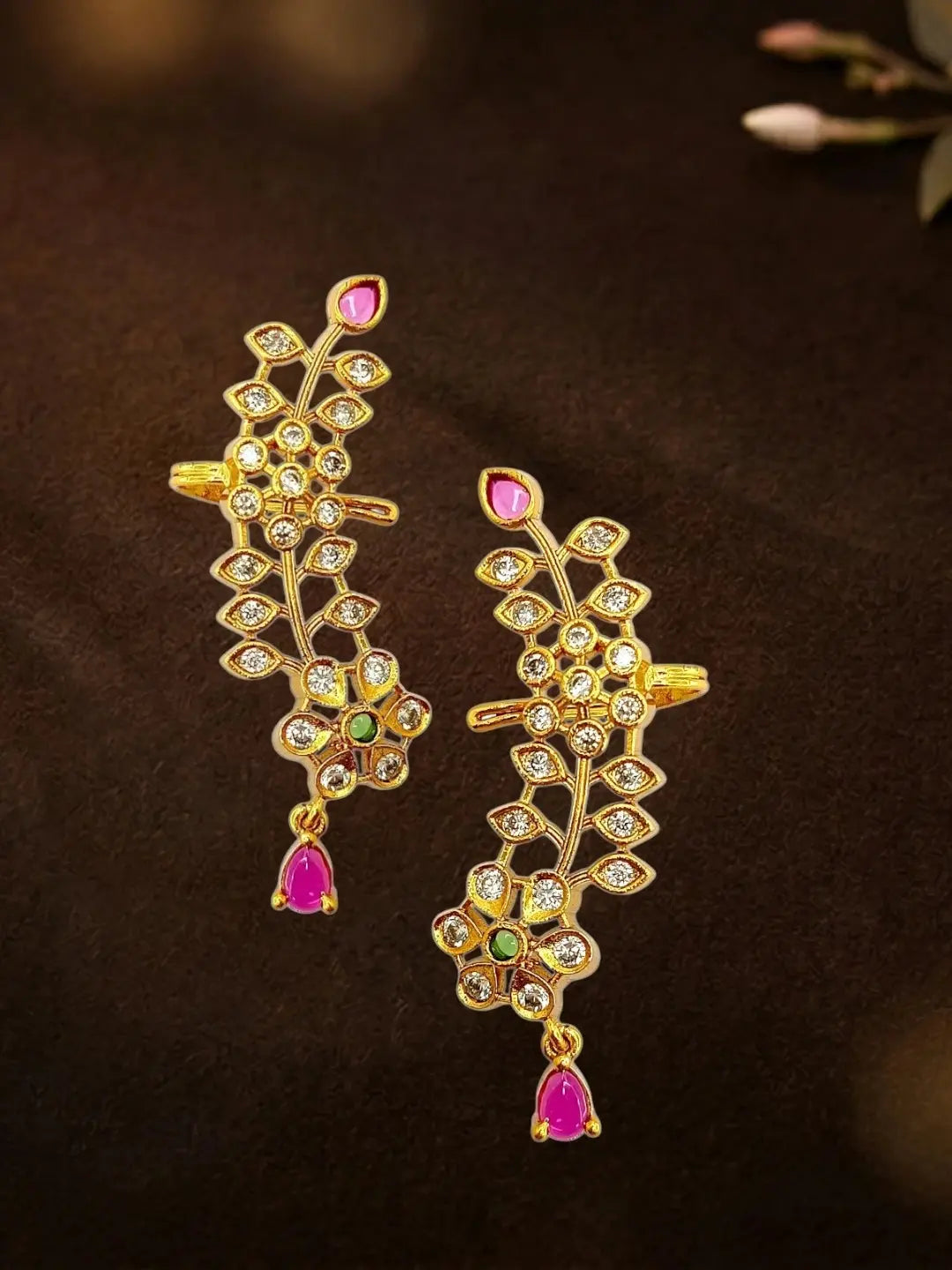 Gold Plated CZ Floral Ear Cuff Earrings