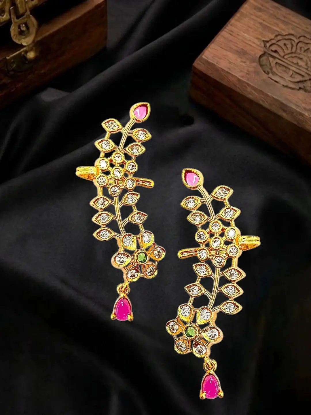 Gold Plated CZ Floral Ear Cuff Earrings