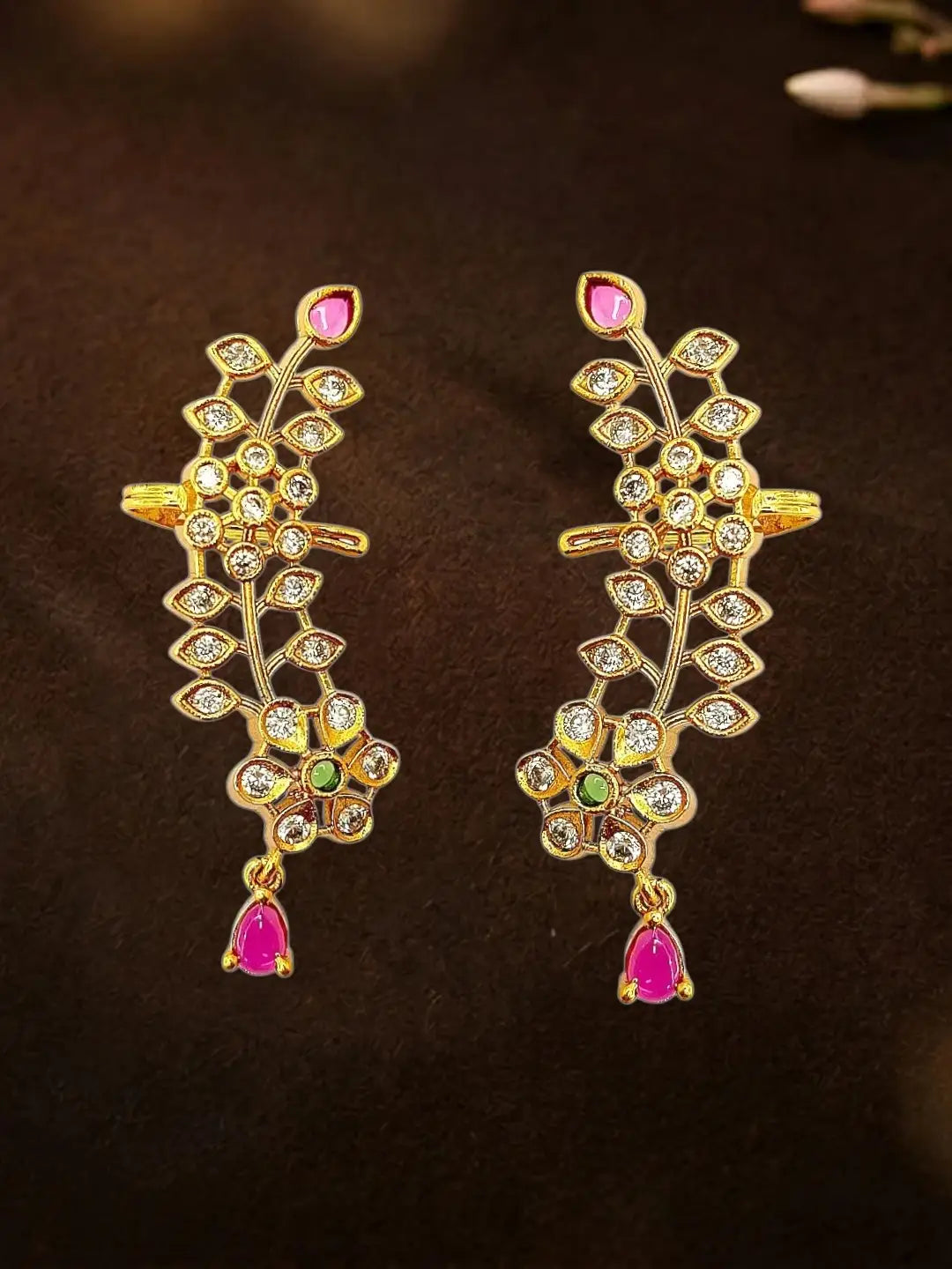 Gold Plated CZ Floral Ear Cuff Earrings