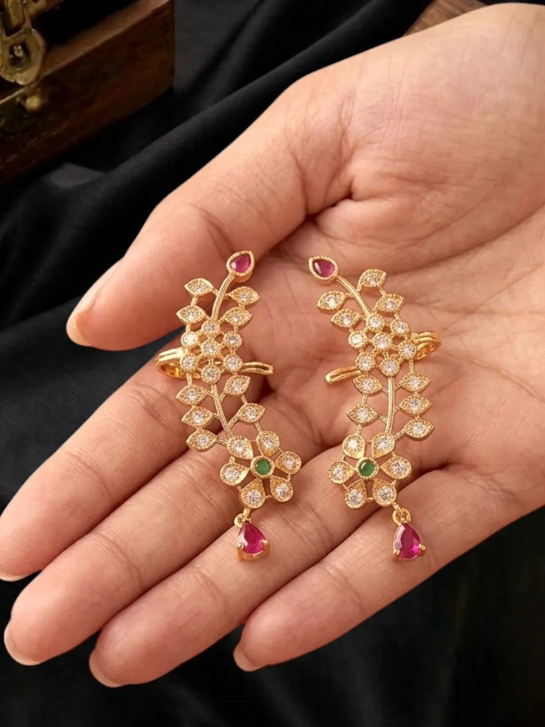 Gold Plated CZ Floral Ear Cuff Earrings