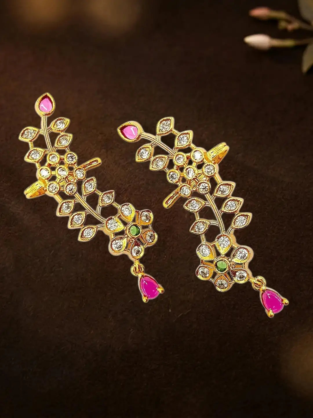 Gold Plated CZ Floral Ear Cuff Earrings