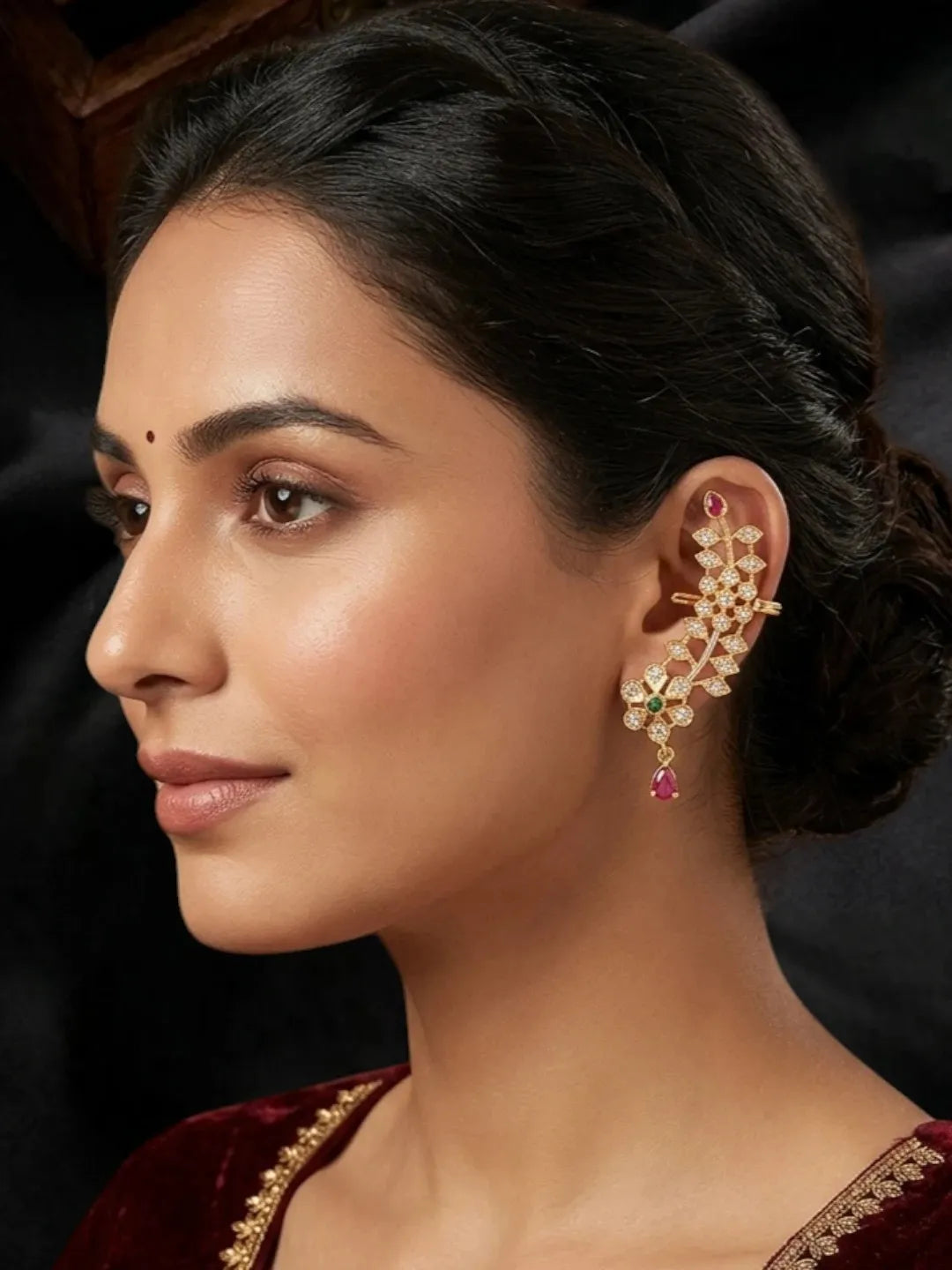 Gold Plated CZ Floral Ear Cuff Earrings