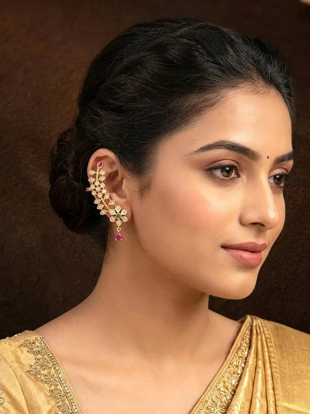 Gold Plated CZ Floral Ear Cuff Earrings