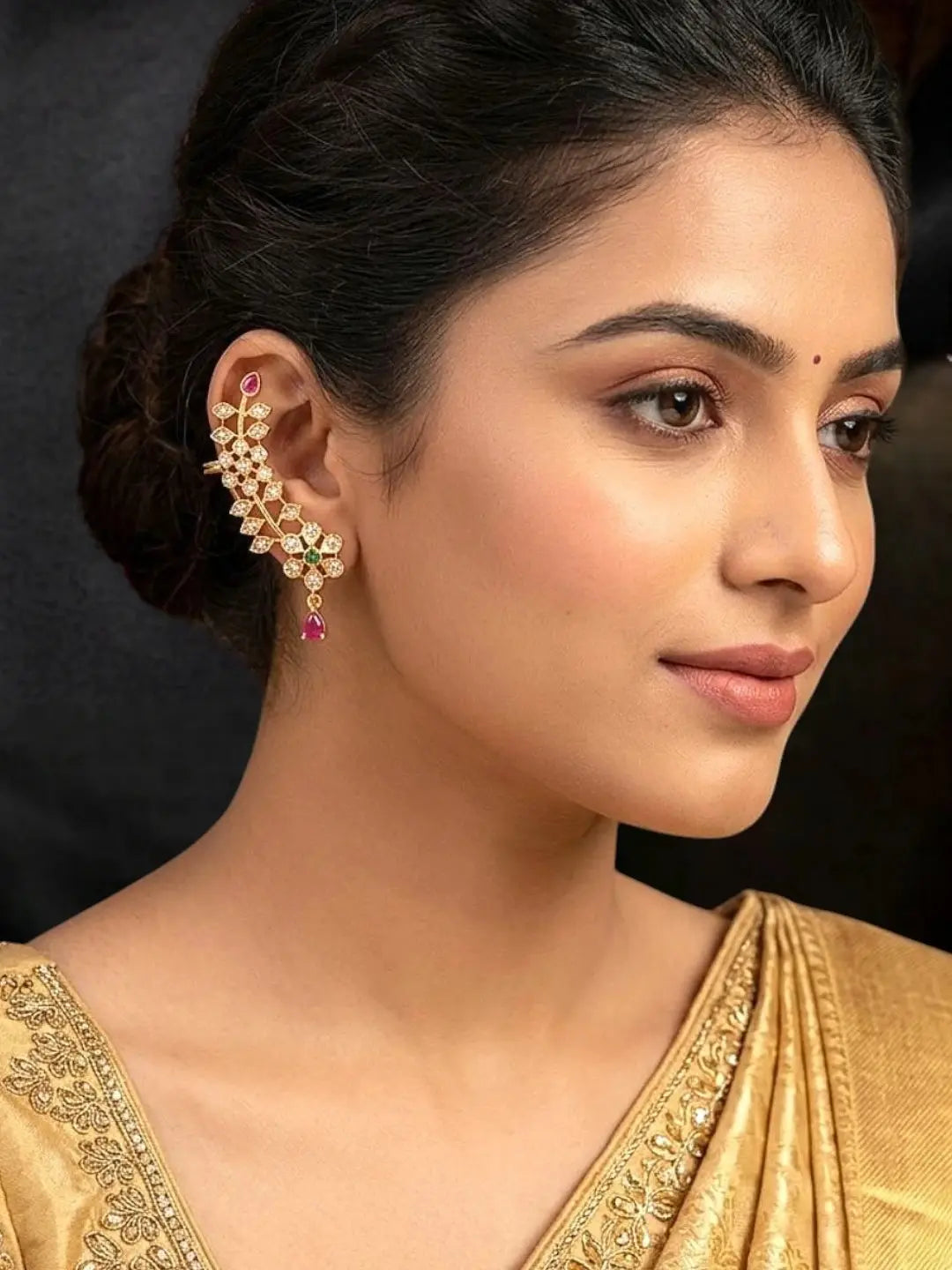 Gold Plated CZ Floral Ear Cuff Earrings