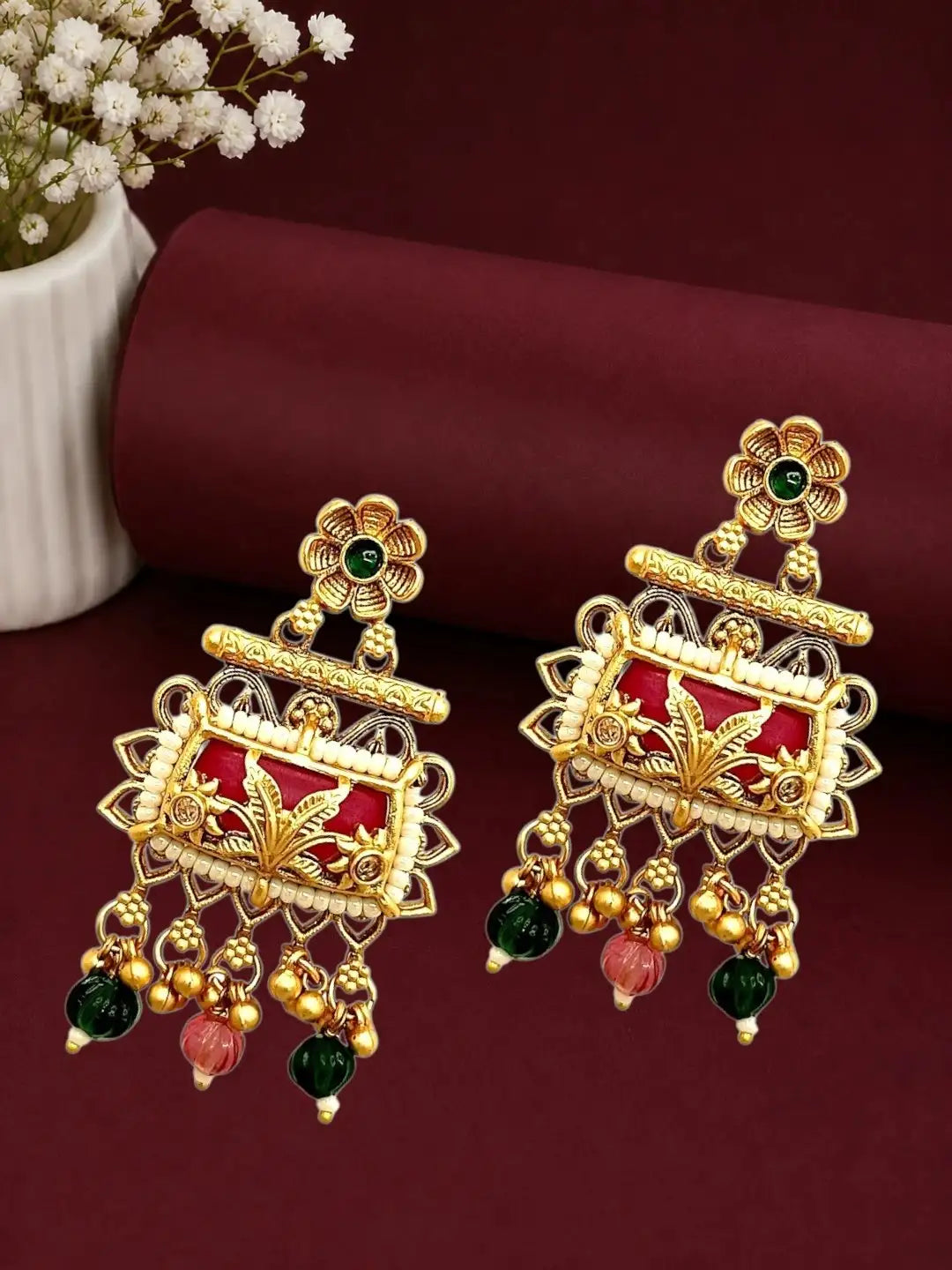 Rajwadi Style Heritage Maroon Earrings