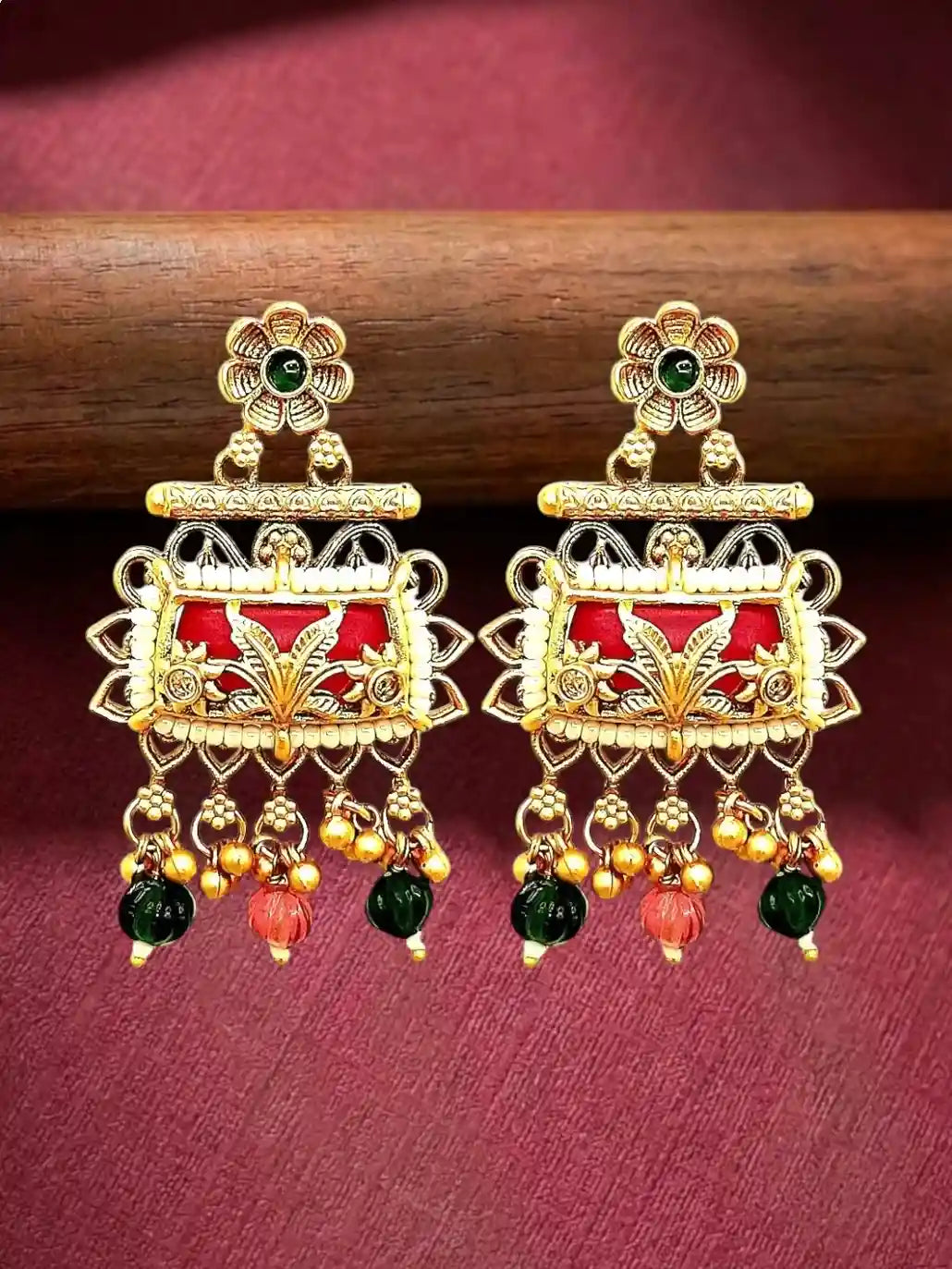 Rajwadi Style Heritage Maroon Earrings
