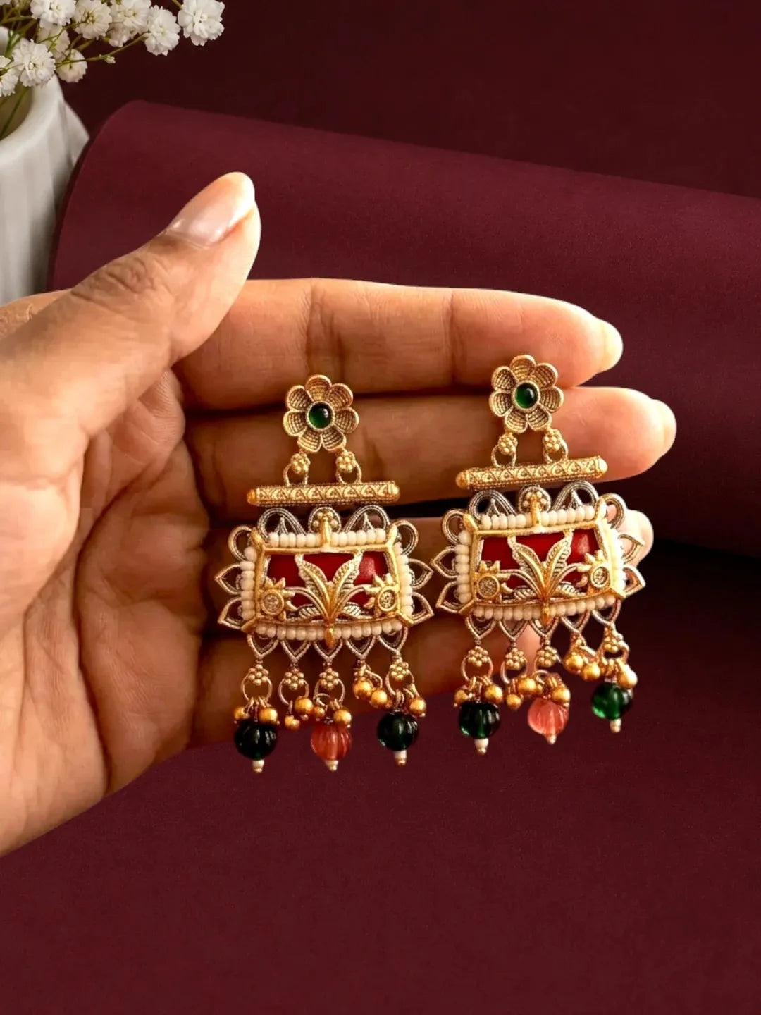 Rajwadi Style Heritage Maroon Earrings