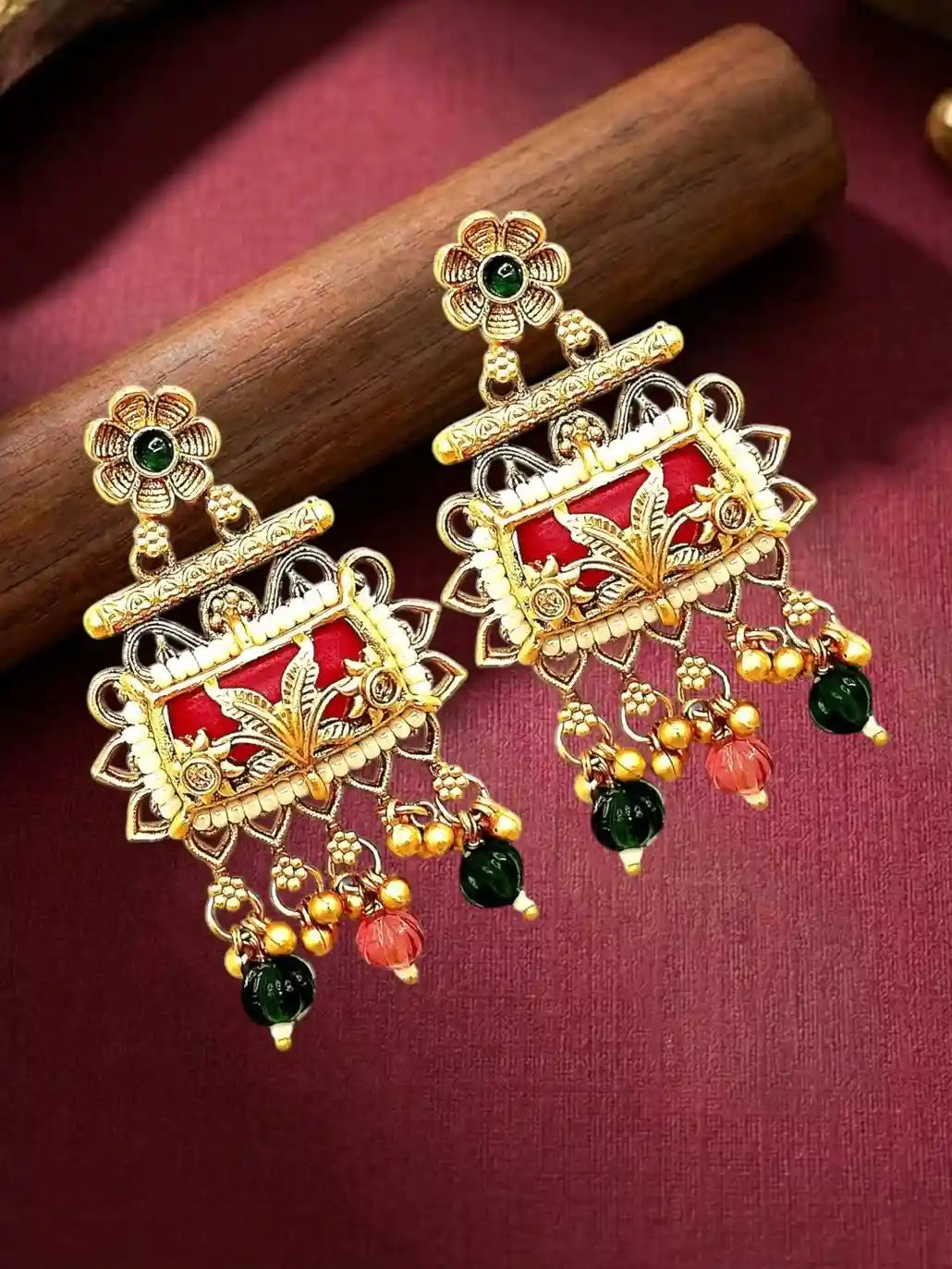 Rajwadi Style Heritage Maroon Earrings