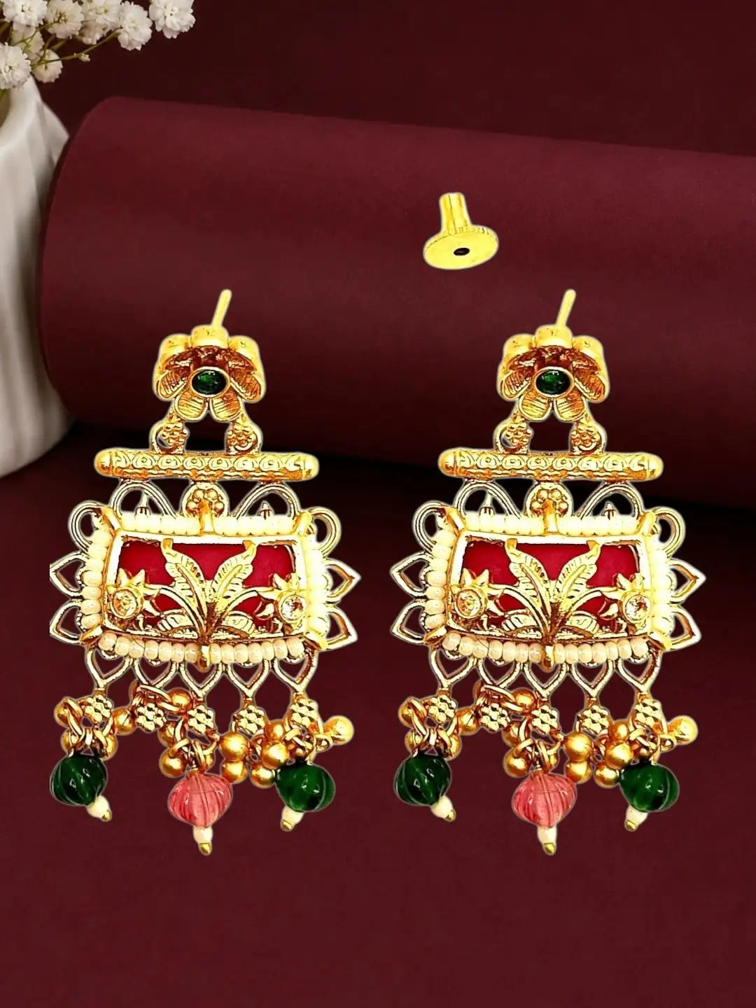 Rajwadi Style Heritage Maroon Earrings