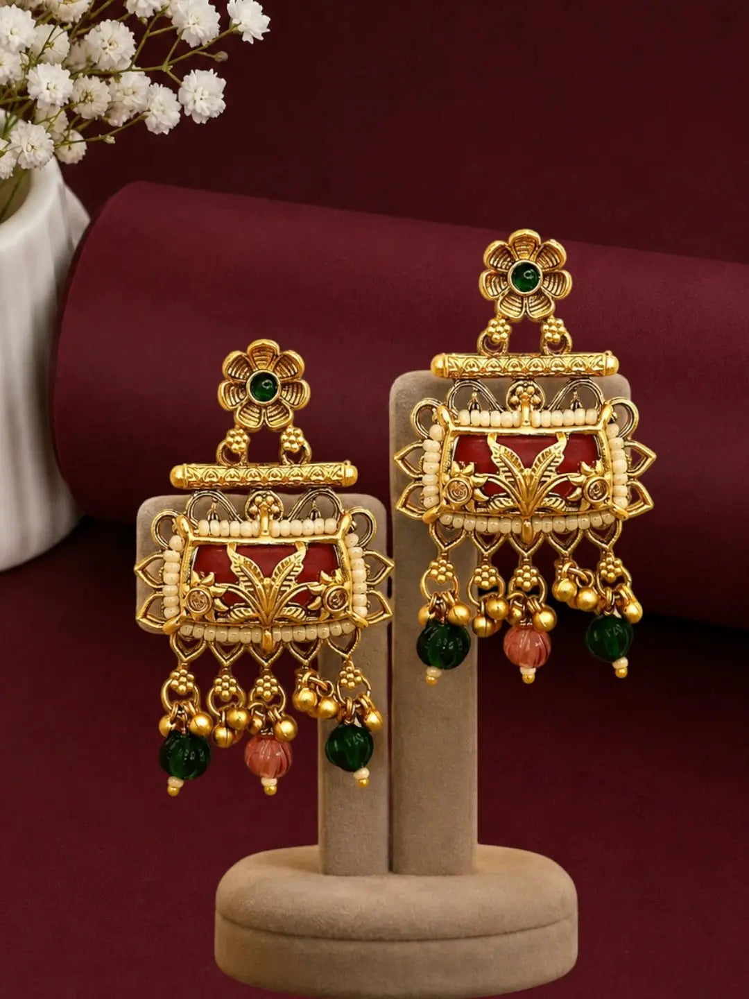 Rajwadi Style Heritage Maroon Earrings