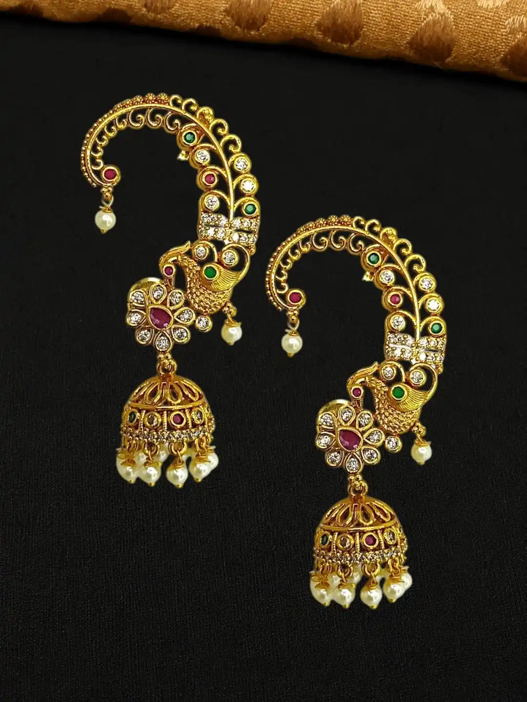 Gold Plated CZ Peacock Ear Cuff Earrings