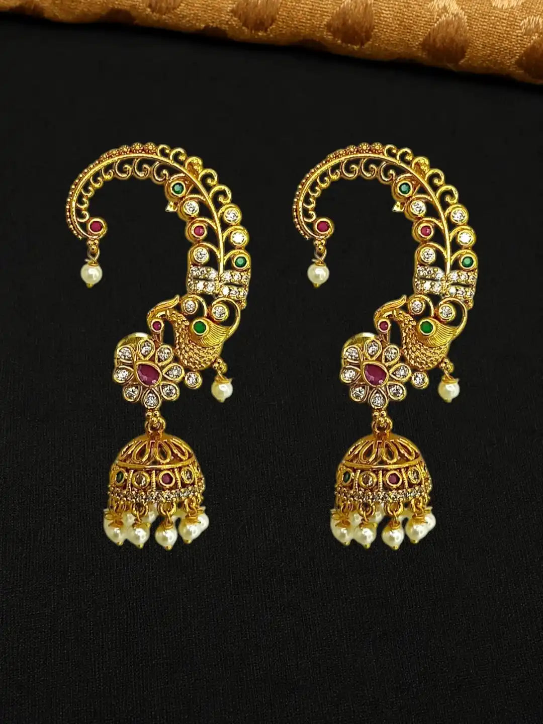 Gold Plated CZ Peacock Ear Cuff Earrings