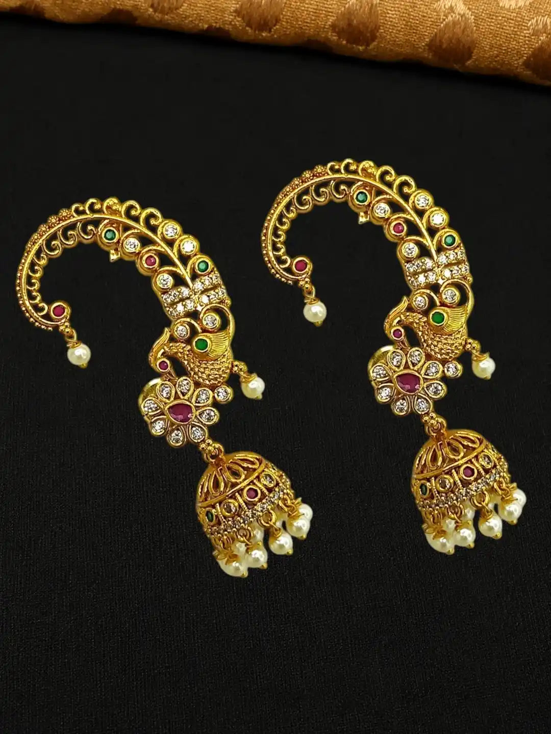 Gold Plated CZ Peacock Ear Cuff Earrings