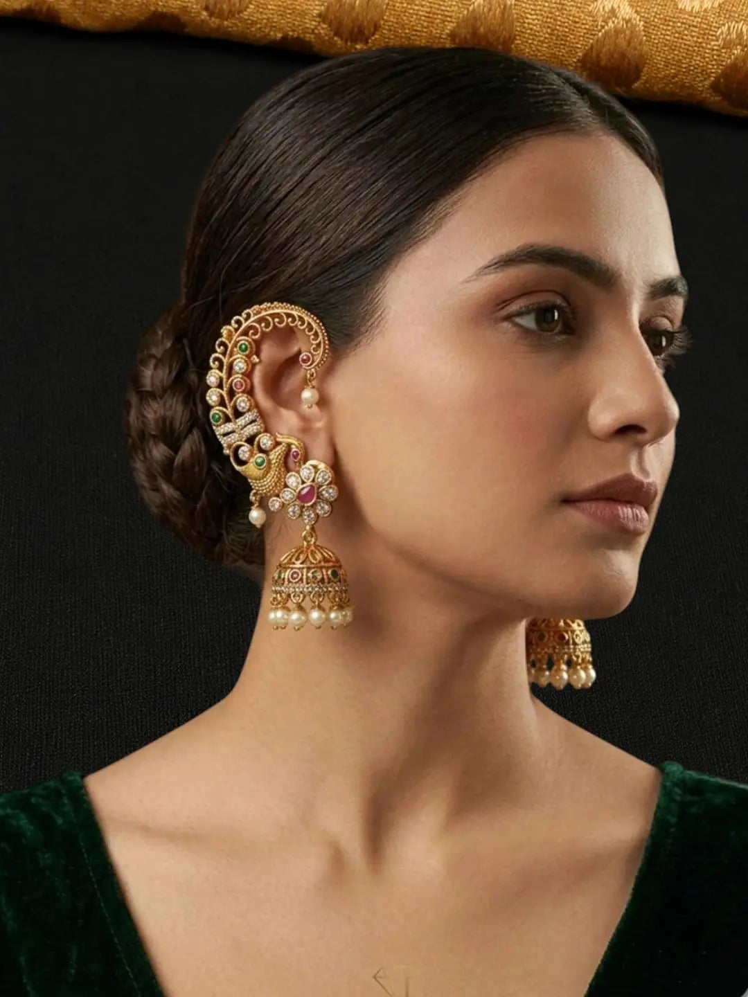 Gold Plated CZ Peacock Ear Cuff Earrings