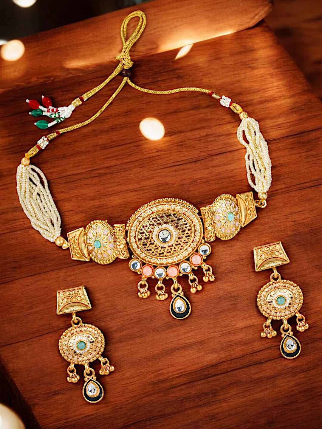 Mesh Design Kundan Meenakari Choker Necklace Set