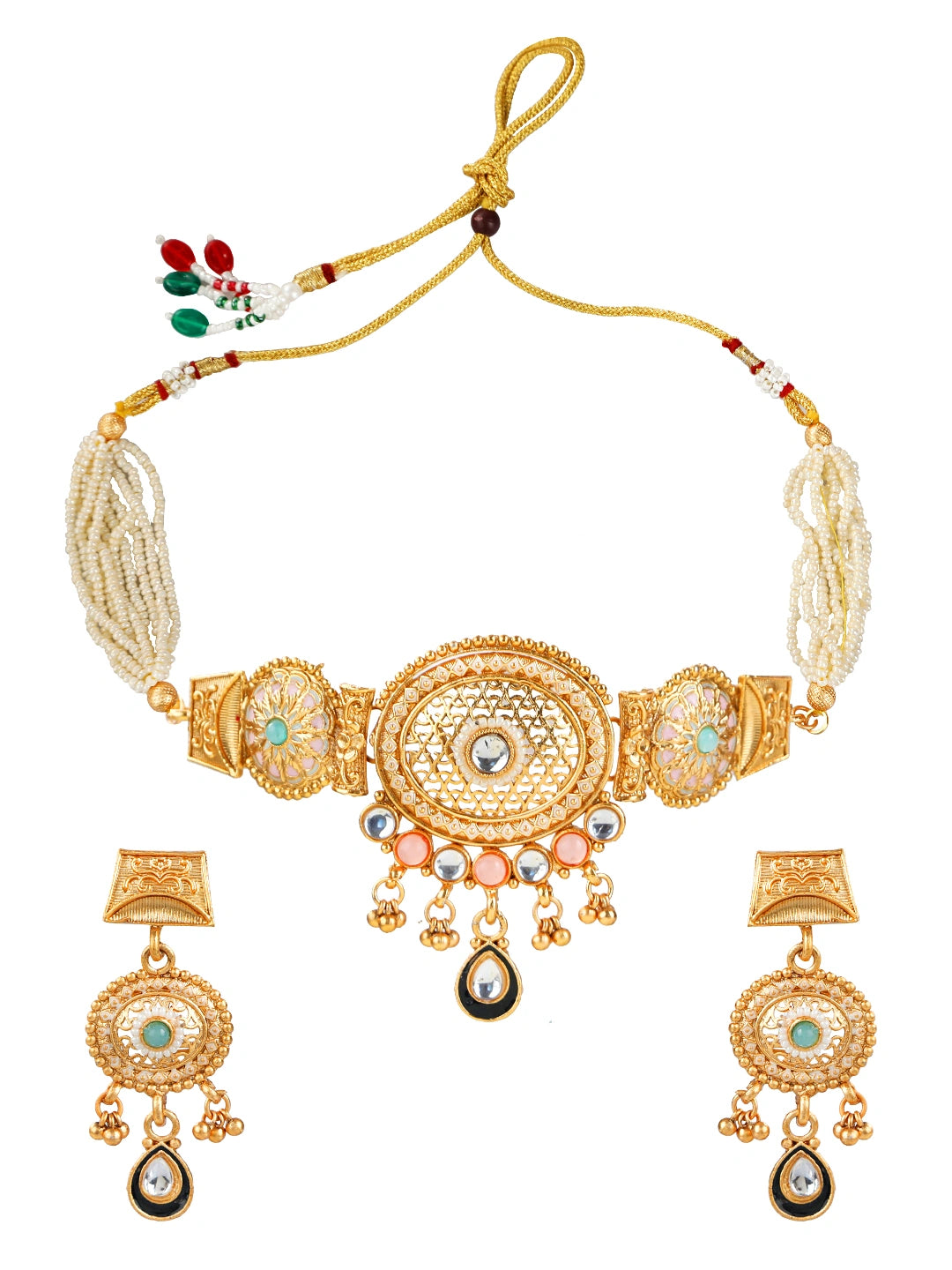 Mesh Design Kundan Meenakari Choker Necklace Set