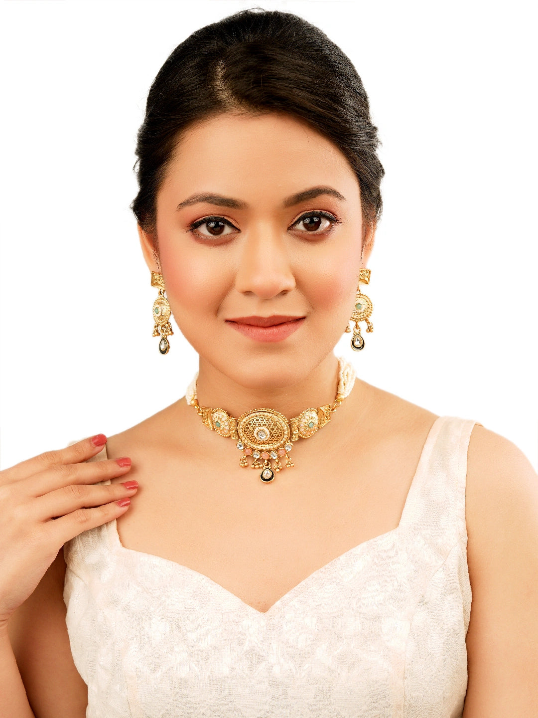Mesh Design Kundan Meenakari Choker Necklace Set