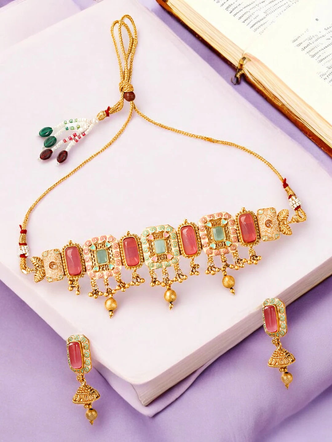 Pink And Green Meenakari Choker Necklace Set