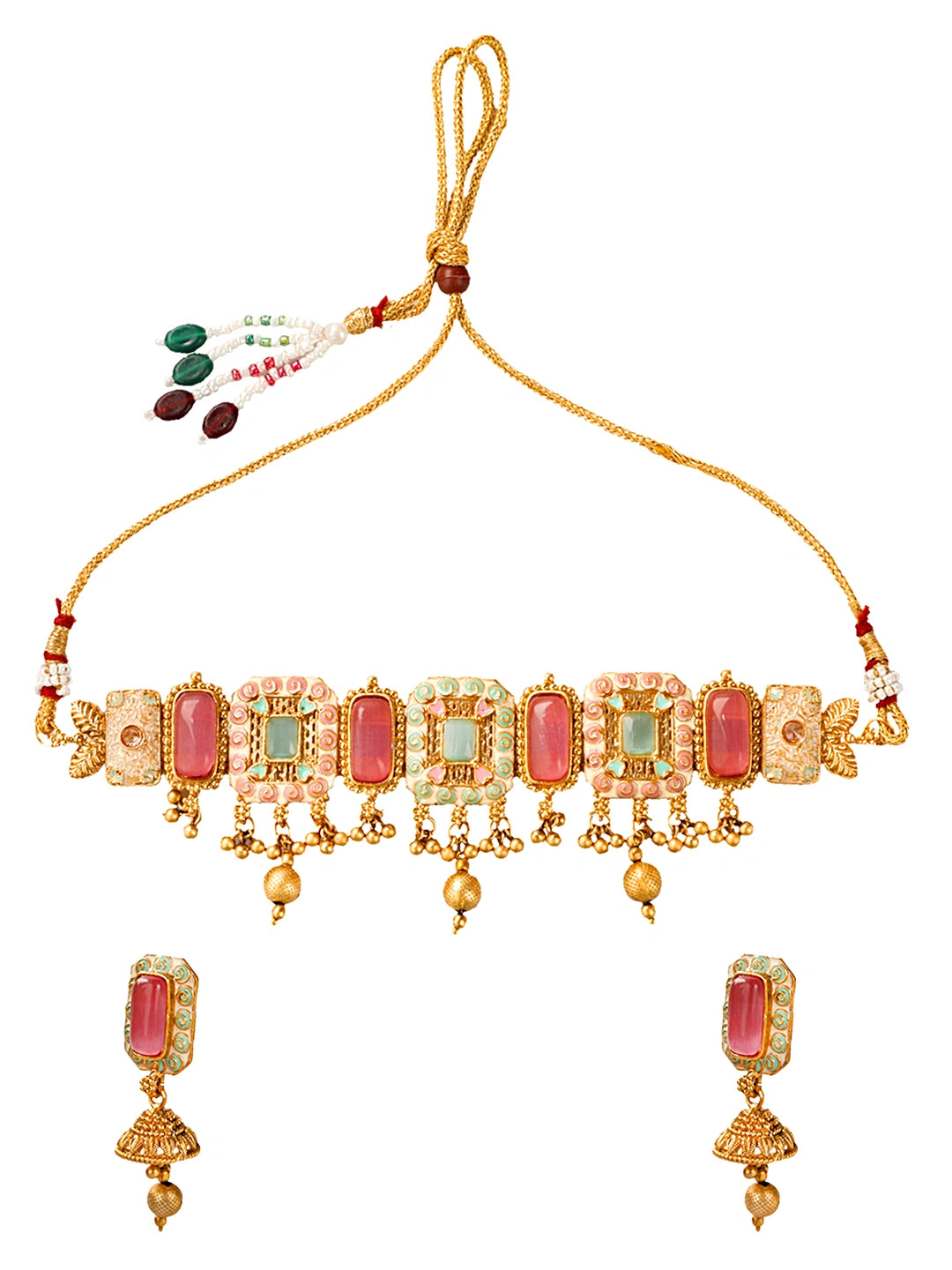 Pink And Green Meenakari Choker Necklace Set