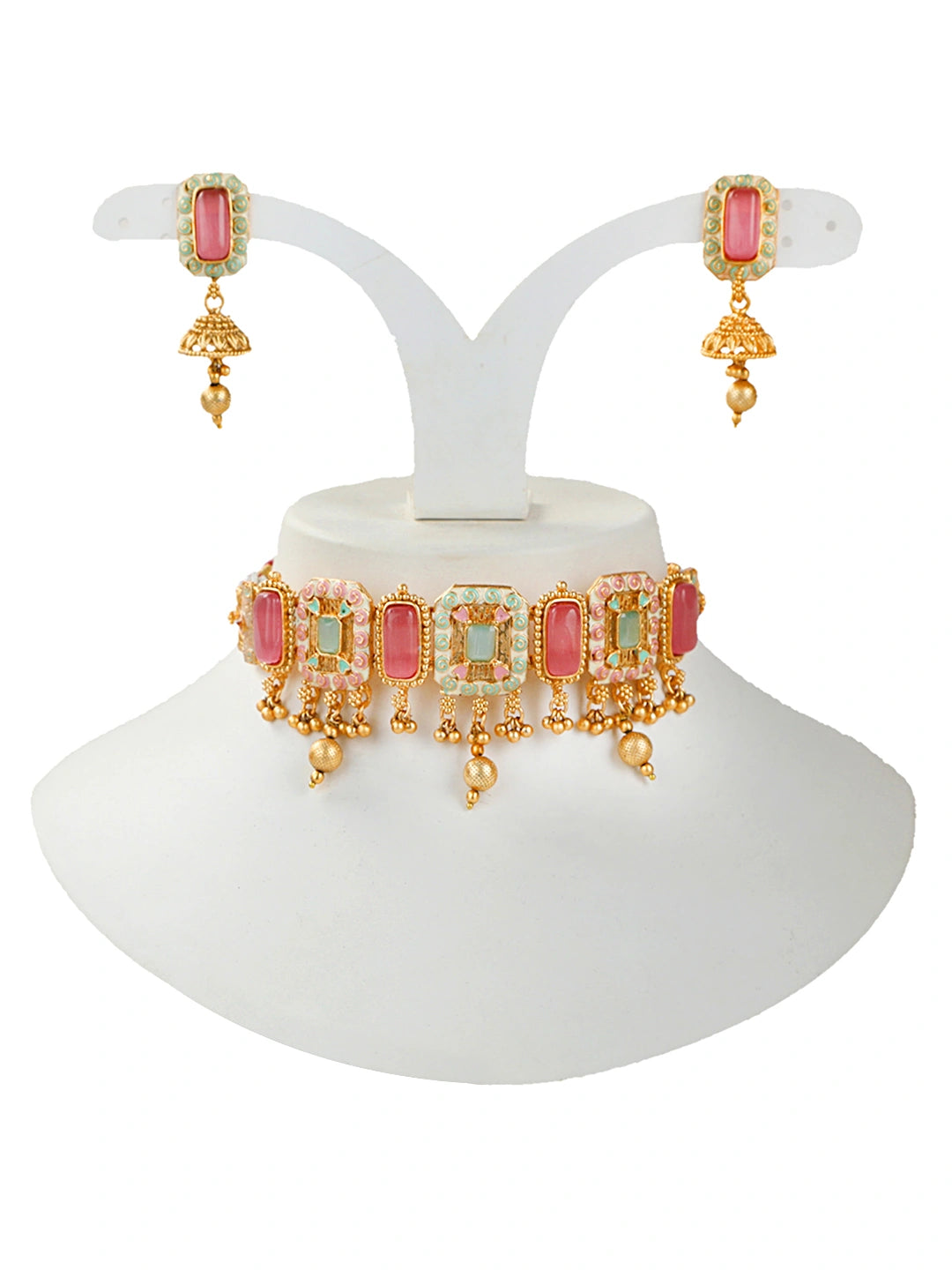 Pink And Green Meenakari Choker Necklace Set